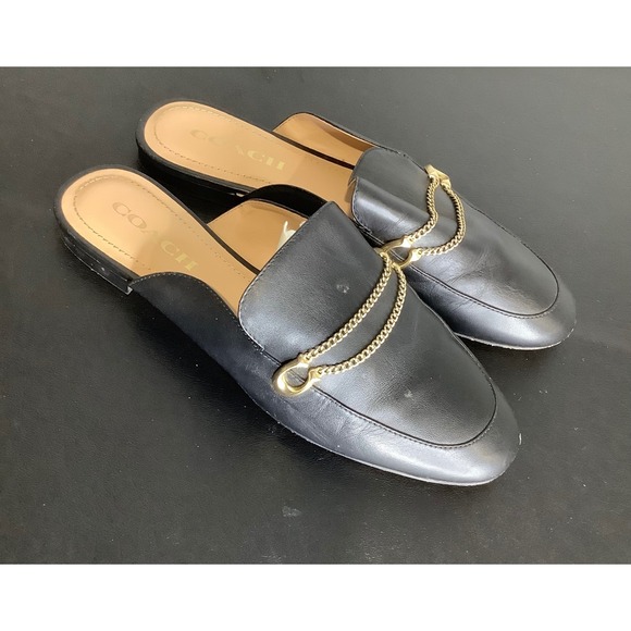 Coach Shoes - Coach Women Black Leather Chain Link Mule Loafers Almond Toe Flats Size 7.5